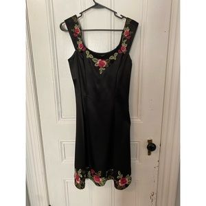 Gorgeous black satin Betsey Johnson dress with rose decals, beading and lace